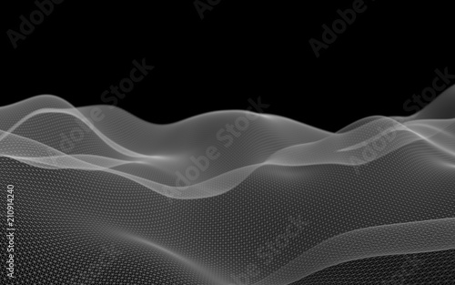 Abstract landscape on a dark background. Cyberspace grid. Hi-tech network. . 3D illustration