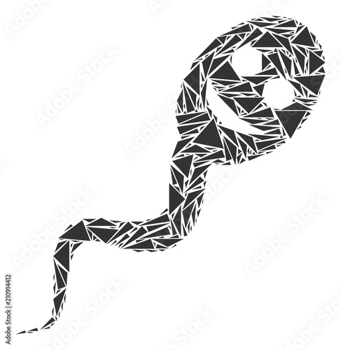Happy spermatozoon mosaic of triangle items in different sizes and shapes. Vector triangles are organized into happy spermatozoon mosaic. Geometric abstract vector illustration.
