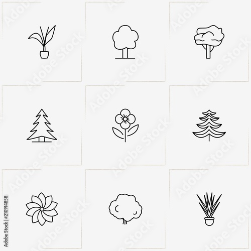 Plants line icon set with oak , flower and decorative plants