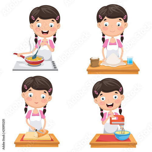 Vector Illustration Of Kid At Kitchen