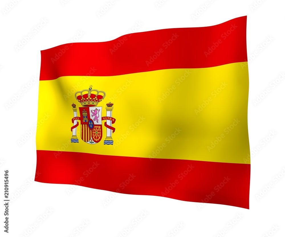 The flag of Spain. Official state symbol of the Kingdom of Spain (Spanish: Reino de Espana). Concept: web, sports pages, language courses, travelling, design elements. 3d illustration The flag of Spain. Official state symbol of the Kingdom of Spain (Spanish: Reino de Espana). Concept: web, sports pages, language courses, travelling, design elements. 3d illustration