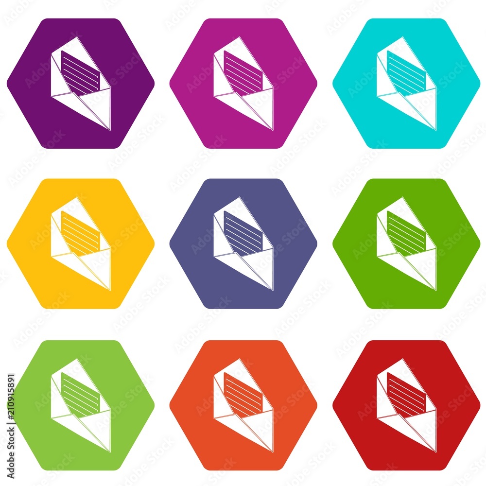 Open envelope icons 9 set coloful isolated on white for web Open envelope icons 9 set coloful isolated on white for web