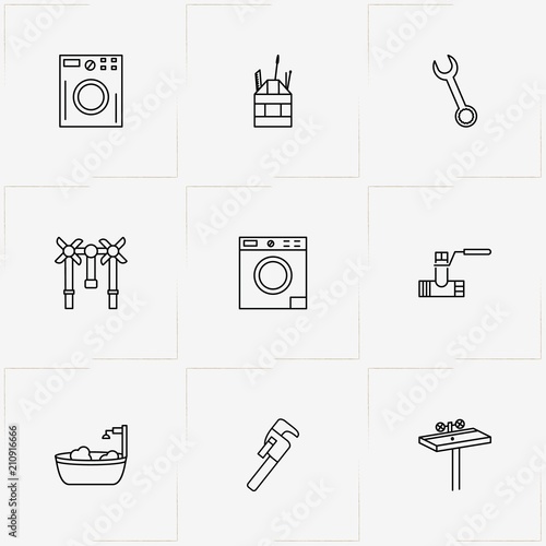 Plumbing line icon set with bath, tools box and pipe valve