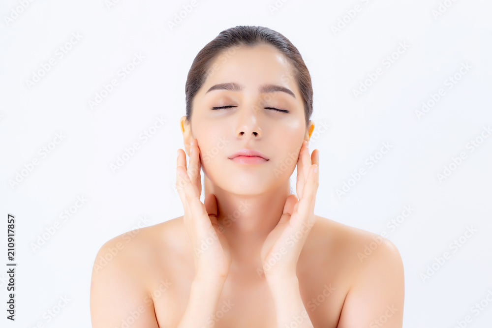 Portrait of beautiful woman makeup of cosmetic, girl hand touch cheek and smile attractive, face of beauty perfect with wellness isolated on white background with skin healthcare concept. Portrait of beautiful woman makeup of cosmetic, girl hand touch cheek and smile attractive, face of beauty perfect with wellness isolated on white background with skin healthcare concept.