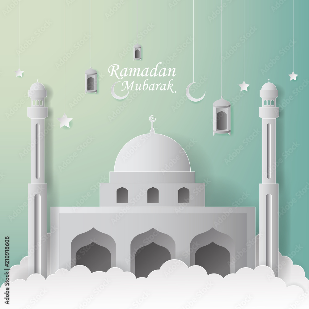 Ramadan Mubarak Greeting Card design with mosque and lantern vector Illustration. Ramadan Mubarak Greeting Card Background. Mosque Vector Illustration. Paper art and craft style. Ramadan Kareem.