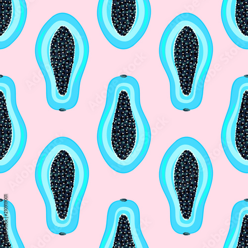 Seamless pattern with tropical abstract blue fruits. Healthy dessert. Fruity background. Carica papaya. Exotic food. Wrapping paper, print on clothes, wallpaper, summer banner. Vector, eps10