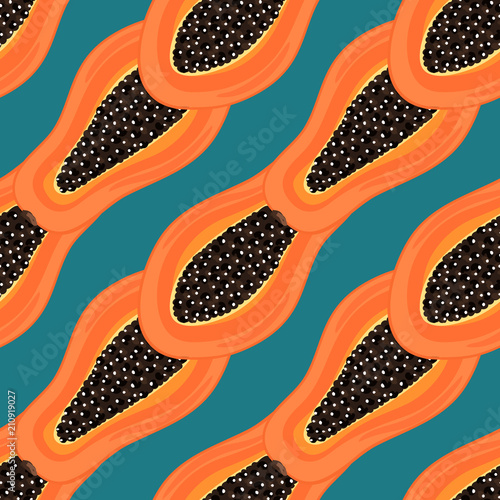 Seamless pattern with tropical fruits. Healthy dessert. Fruity background. Carica papaya. Exotic food. Wrapping paper, print on clothes, wallpaper, summer banner. Vector illustration, eps10