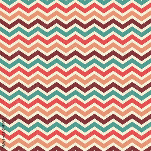 retro chevron striped background wallpaper vector in vintage color palette of blue red peach beige and wine, elegant herringbone or zig zag pattern © Arlenta Apostrophe