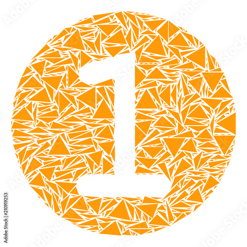 One coin mosaic of triangle elements in different sizes and shapes. Vector triangles are grouped into one coin composition. Geometric abstract vector illustration.