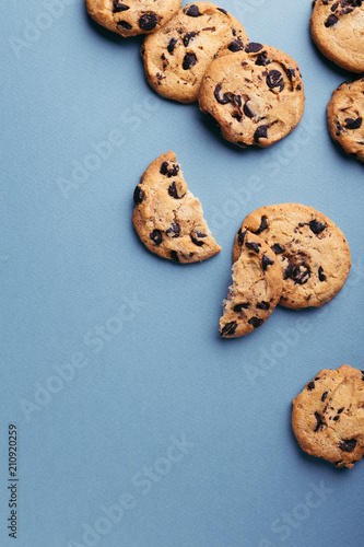 American cookies with chocolate chips on grey background. Top view with place for text.