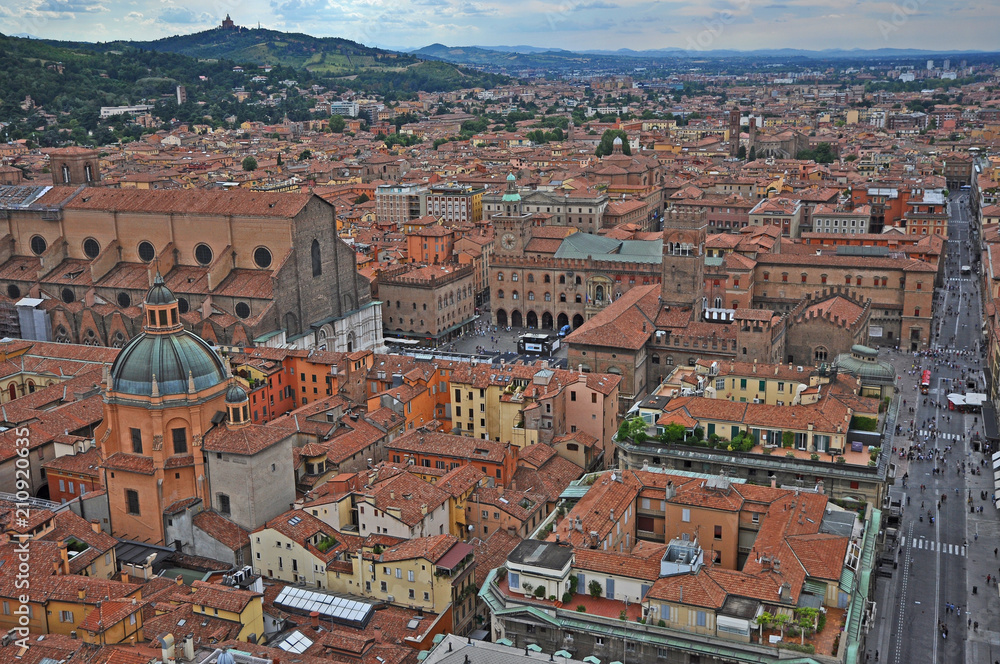 Italy, Bologna Major square and Rizzoli street aerial view from Asinelli tower.