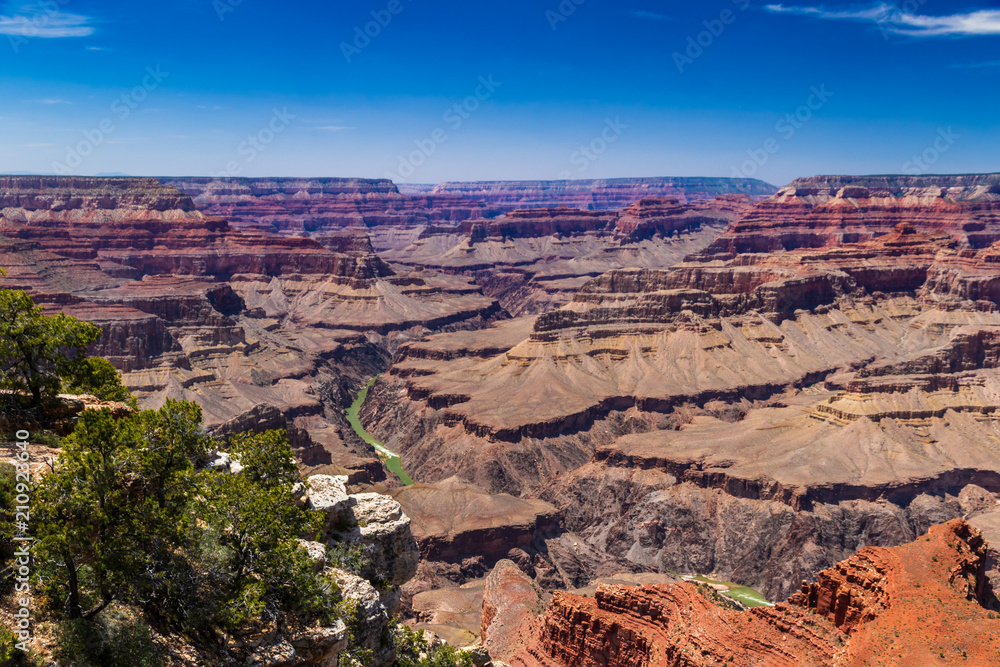 Panoramic view of the Grand Canyon, looking westward from the South Rim; the Colorado River can be seen below. 