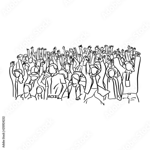 soccer supporter fans cheering with confetti watching soccer match event at stadium vector illustration sketch doodle hand drawn with black lines isolated on white background.