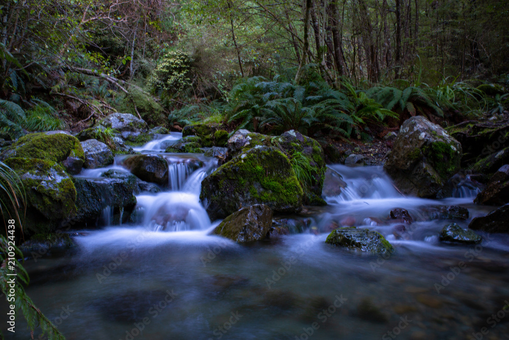 Waterfall in the forest divided by large mossy rocks