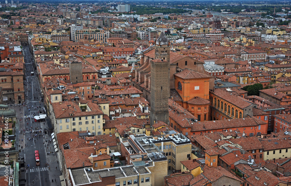Italy, Bologna Rizzoli street aerial view from Asinelli tower