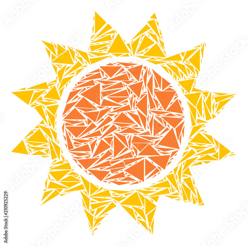 Sun mosaic of triangle elements in various sizes and shapes. Vector polygons are composed into sun illustration. Geometric abstract vector illustration.
