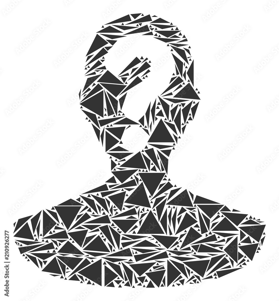 Unknown person mosaic of triangle items in various sizes and shapes. Vector polygons are united into unknown person mosaic. Geometric abstract vector illustration. - obrazy, fototapety, plakaty 