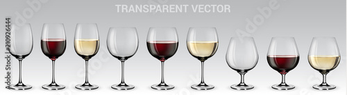 Set of vector wine glasses. Set of transparent vector glasses with red and white wine