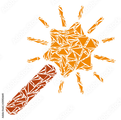 Wand magic tool mosaic of triangle elements in different sizes and shapes. Vector triangles are grouped into wand magic tool illustration. Geometric abstract vector illustration.