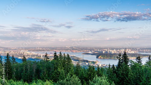 Beautiful British Columbia, Canada. Vancouver seen from above. Wide panorama of the city.