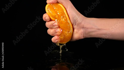 Super slow motion squeezing orange juice.