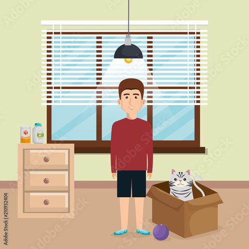 young man with cute mascot in the house vector illustration design