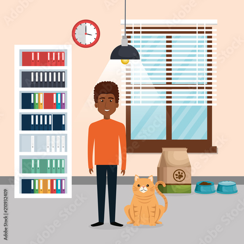 young man with cute mascot in the house vector illustration design