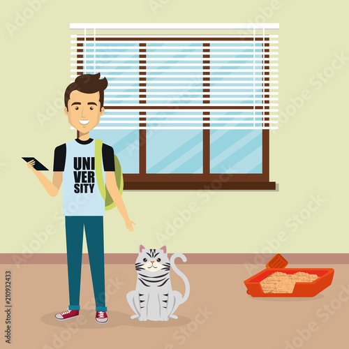 young man with cute mascot in the house vector illustration design