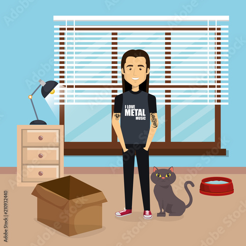 young man with cute mascot in the house vector illustration design