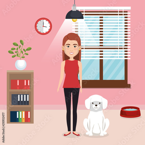 young woman with mascot in the house vector illustration design