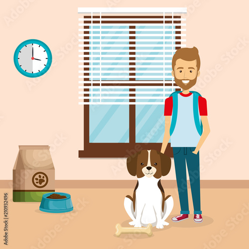 young man with cute mascot in the house vector illustration design