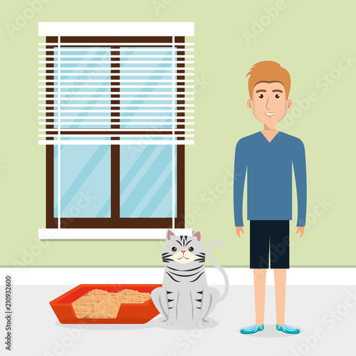 young man with cute mascot in the house vector illustration design