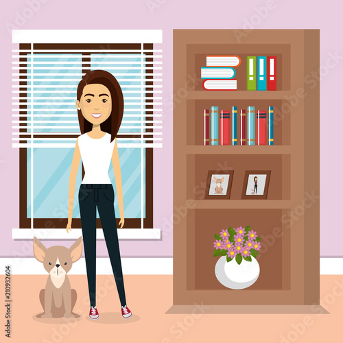 young woman with mascot in the house vector illustration design