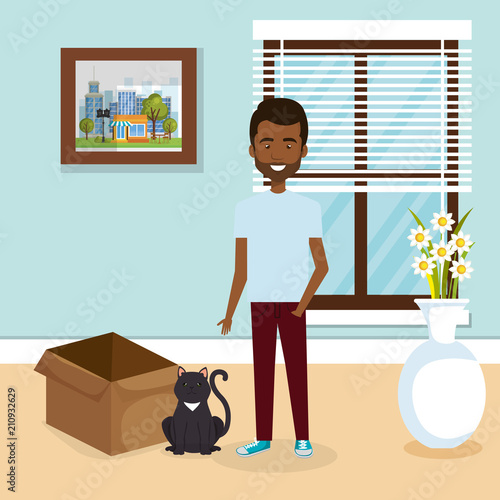 young man with cute mascot in the house vector illustration design