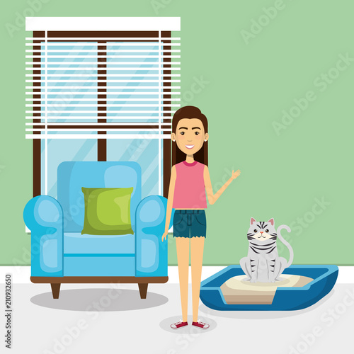 young woman with mascot in the house vector illustration design
