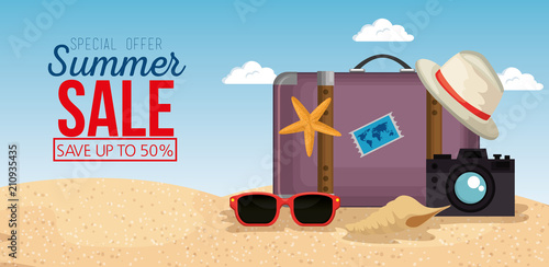 beach with summer sale icons vector illustration design