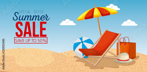 beach with summer sale icons vector illustration design