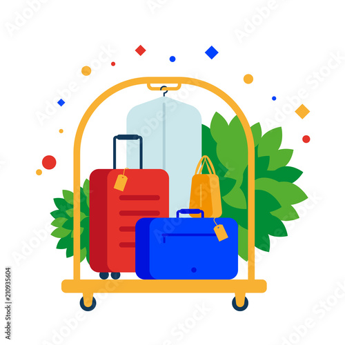 Luggage cart or hotel trolley with colored suitcases.