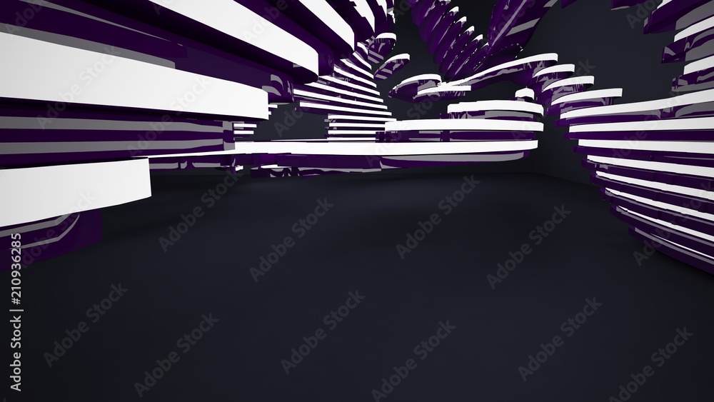 Abstract interior of the future in a minimalist style with violet sculpture. Night view from the backligh. Architectural background. 3D illustration and rendering Abstract interior of the future in a minimalist style with violet sculpture. Night view from the backligh. Architectural background. 3D illustration and rendering