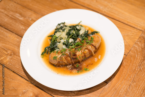 Grilled sausage with Cheesy Creamed Spinach