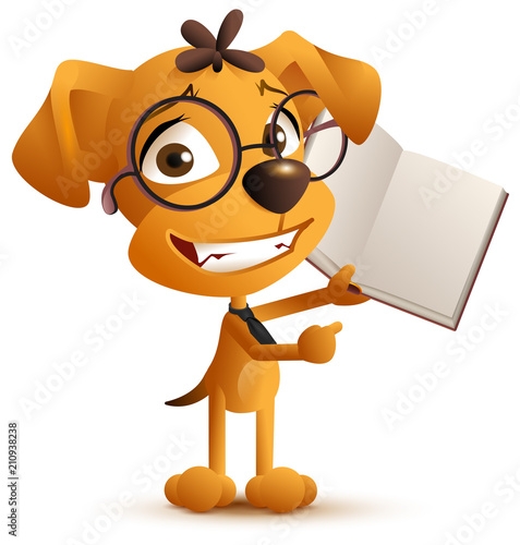 Yellow smart dog teacher with glasses holds an open book