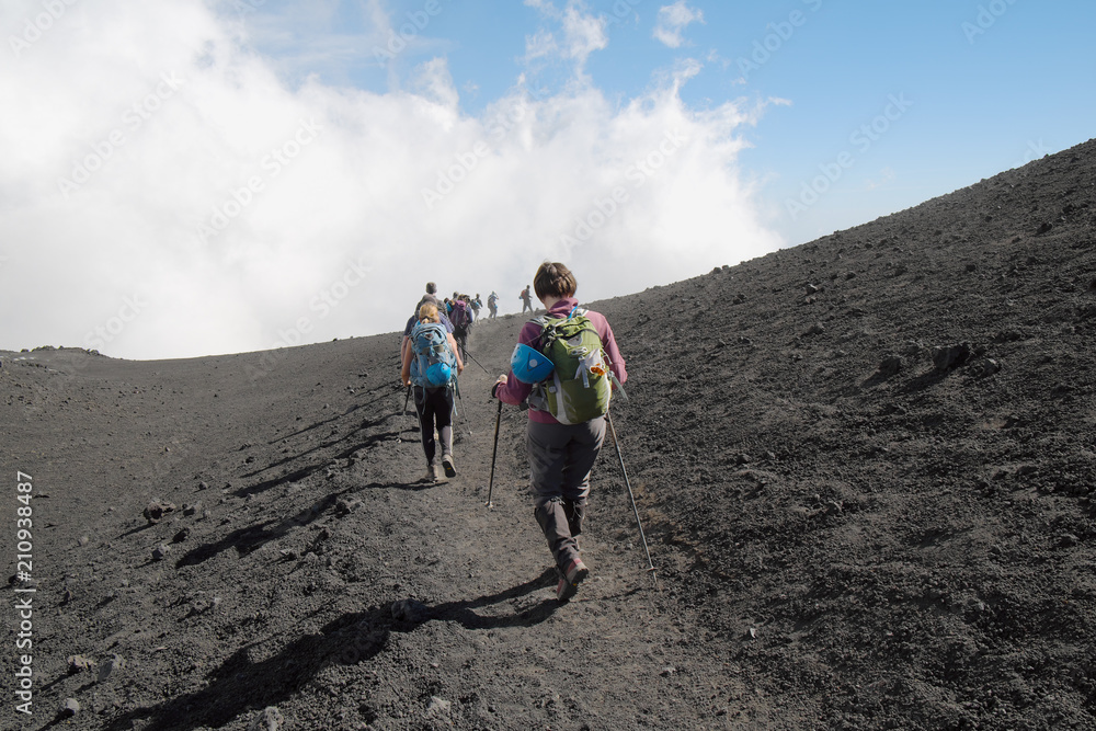 Hikers Going Down The Summit Etna Summit, Sicily