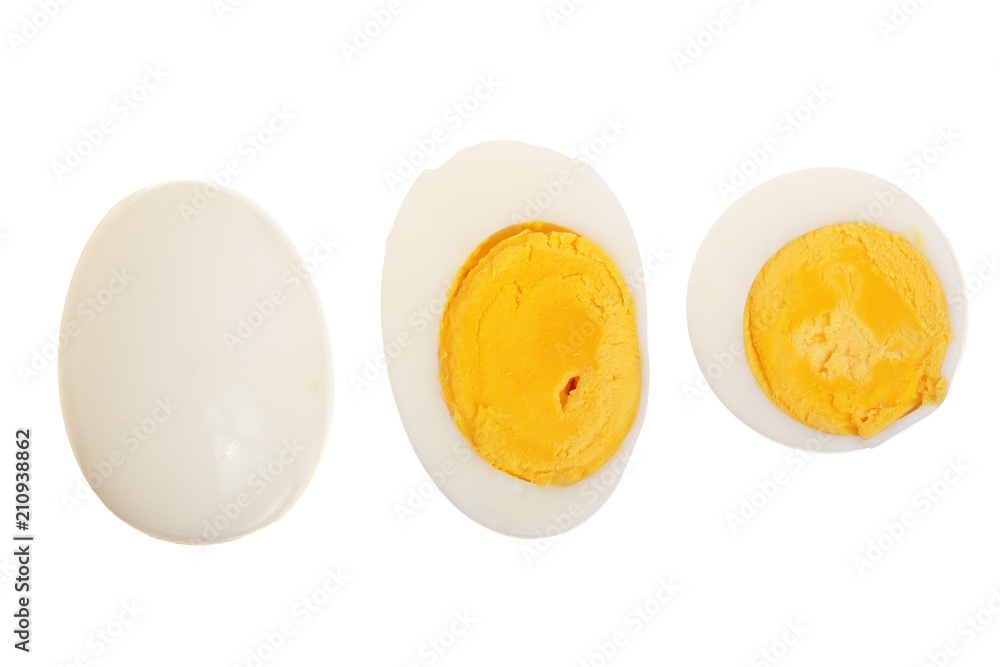 boiled egg and half isolated on white background. Top view. Flat lay
