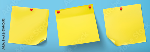 Yellow stick paper notes with push pins. Vector illustration. Can be use for your design, presentation, promo, adv. EPS10.