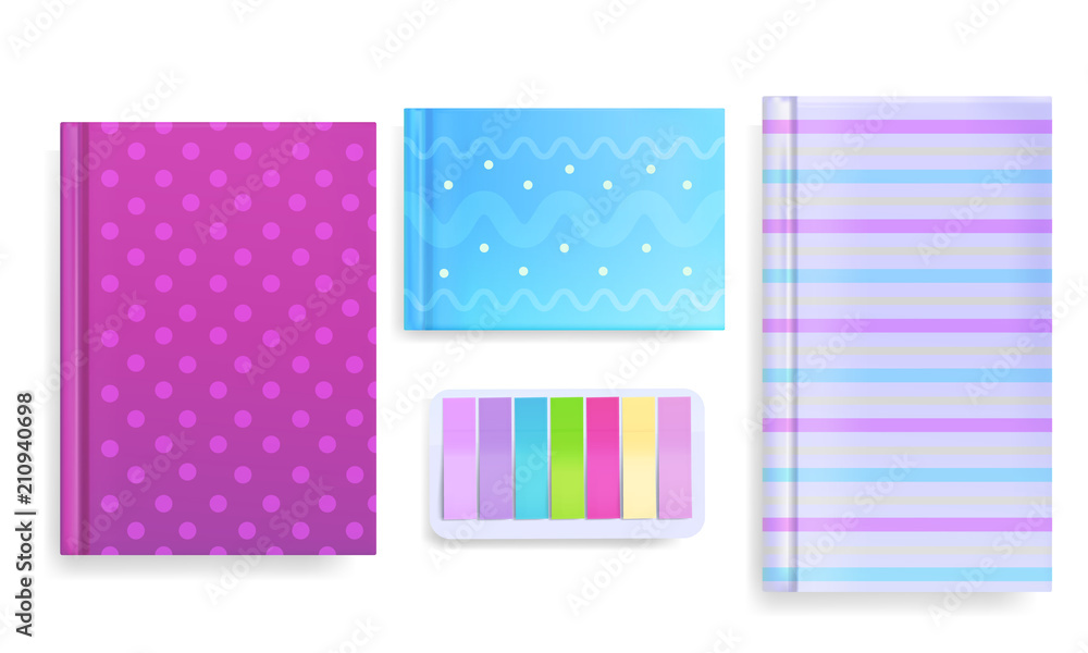 Diary and memo notes vector illustration of book or copybook with color ornament or pattern cover. Photo albums or art scrapbooks and sticky message paper set on white background