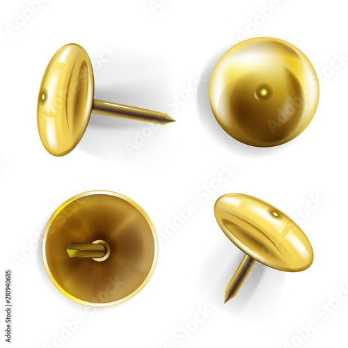 Paper pin vector illustration of 3D realistic golden or brass metal pins or thumbtack for memo notes on bulletin board or decorative nails on white background with shadow.