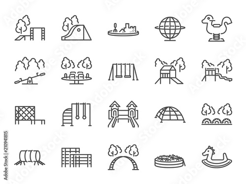 Playground icon set. Included icons as kids outdoor toy, sandbox, children parks, slide, monkey bar, dome climber, jungle gym and more. photo