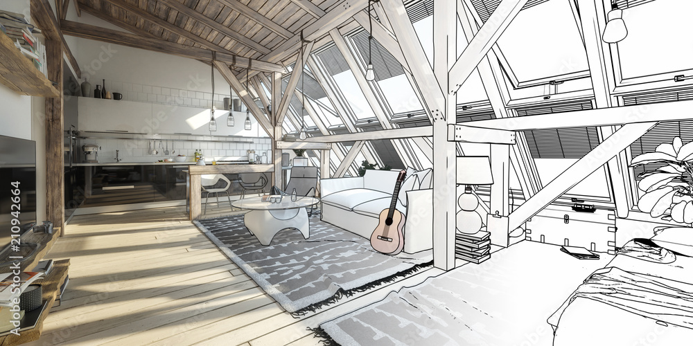 My place under the roof 01 (panoramic line drawing) - obrazy, fototapety, plakaty 