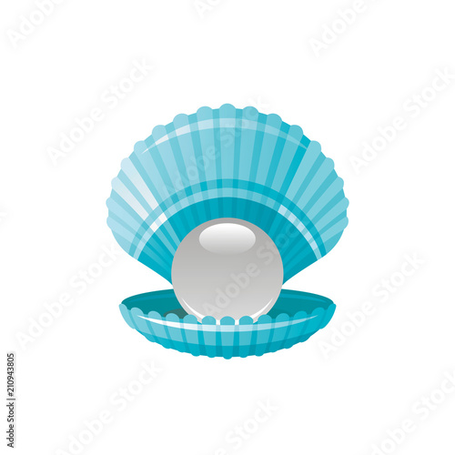 Sea travel vector symbol isolated on white background. Seashell scallop underwater life picture. Shell with pearl 3d vacation illustration. Cartoon icon. Summer holidays sign.