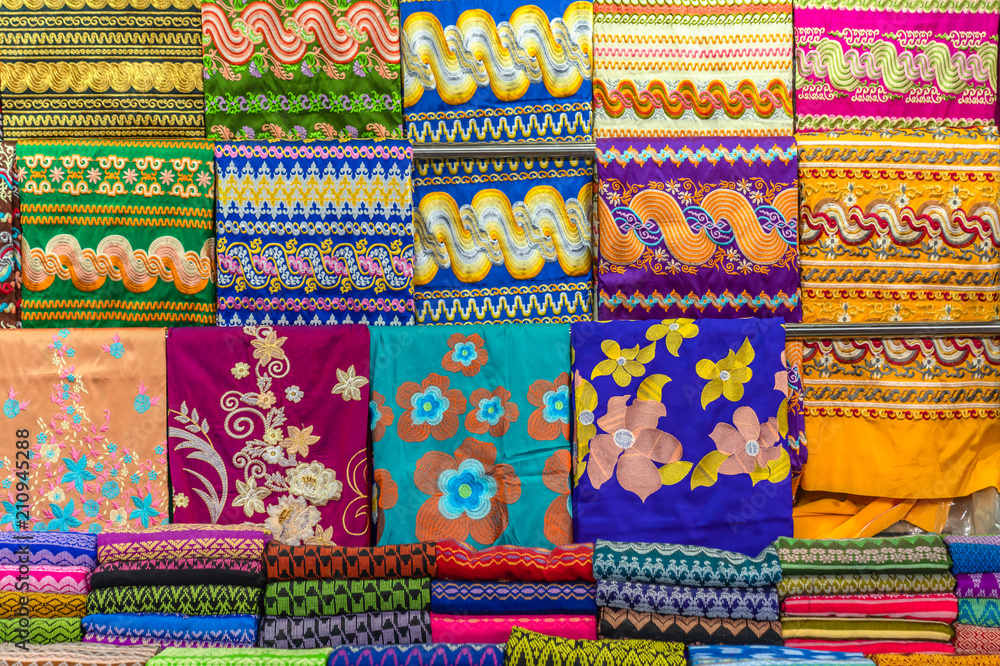 Colorful Myanmar Traditional Sarongs on Sale In Market
